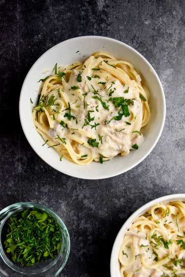 Chicken Alfredo Pasta made with Piedmont BBQ Co Buttermilk Brined Pulled Chicken